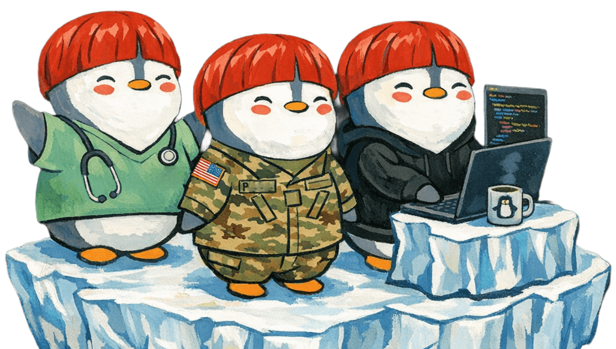 Three pengu mascots